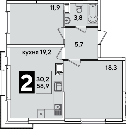 3-комн., 58.9 м², 12/16 этаж, ЖК «Самолет»