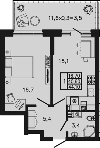 2-комн., 40.6 м², 1/4 этаж, ЖК «Экосфера»
