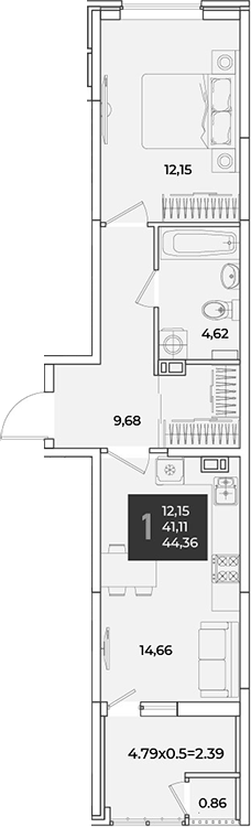 1-комн., 41.97 м², 4/18 этаж, ЖК «Образцово»