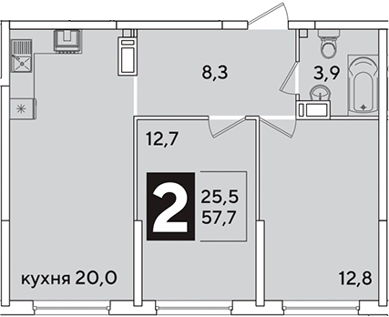 3-комн., 57.7 м², 12/16 этаж, ЖК «Самолет»