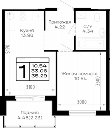 1-комн., 33.06 м², 2/4 этаж, ЖК «Усадьба Гостагаевская»