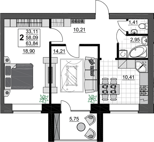 2-комн., 58.09 м², 2/5 этаж, ЖК «Символ. СЗ Тихорецкгазстрой»