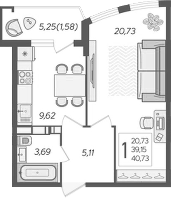 1-комн., 37.92 м², 7/20 этаж, ЖК «Альфа. АСК»