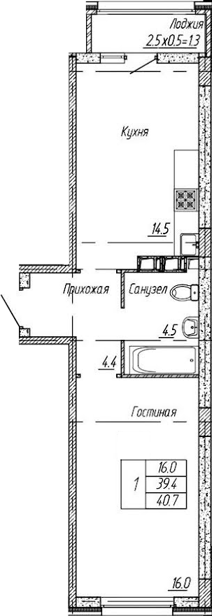1-комн., 39.4 м², 3/9 этаж, ЖК «Архитектор. ГК ЮгСтройИнвест»