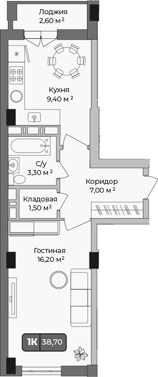 1-комн., 37.4 м², 2/9 этаж, ЖК «Опера»