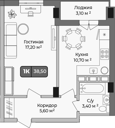 1-комн., 36.95 м², 9/9 этаж, ЖК «Опера»