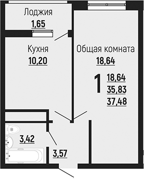 1-комн., 35.83 м², 23/24 этаж, ЖК «Славянка»