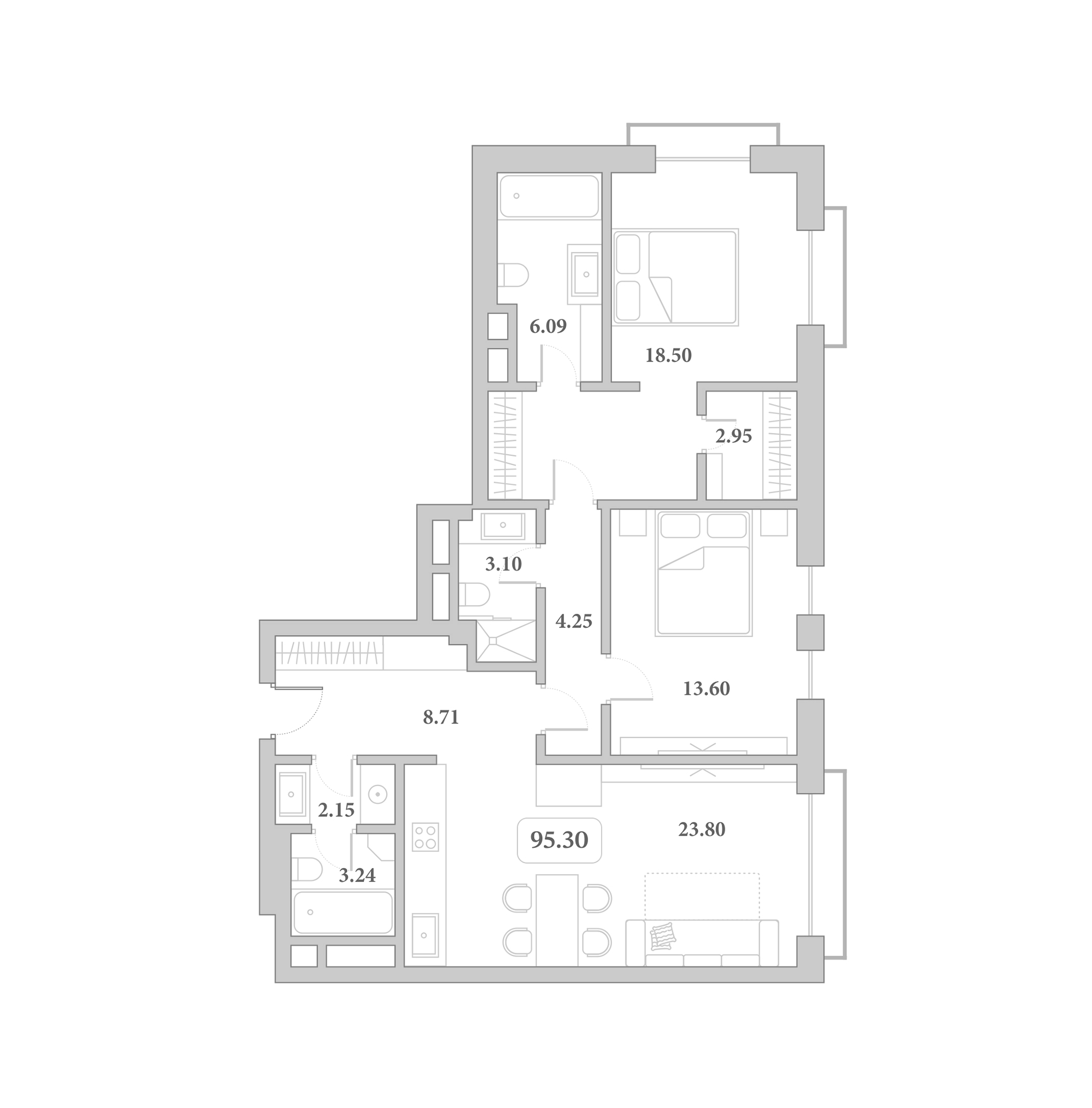 3-комн., 89.7 м², 5/7 этаж, ЖК «Граф Толстой»