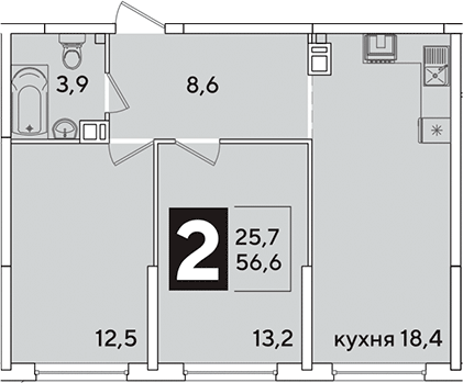 3-комн., 56.6 м², 7/16 этаж, ЖК «Самолет»