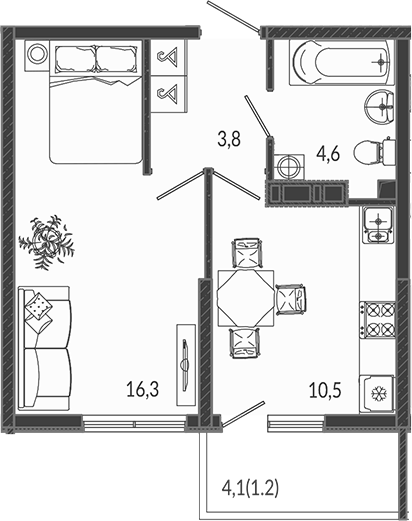 1-комн., 35.2 м², 10/12 этаж, ЖК «Флора»
