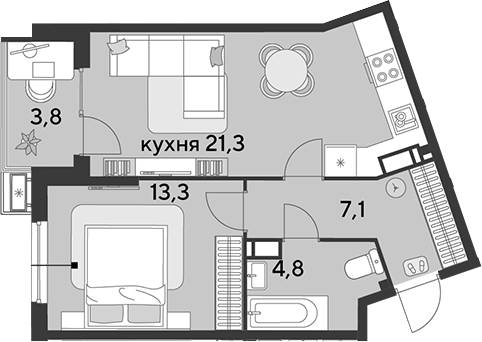 2-комн., 46.5 м², 11/18 этаж, ЖК «Парк Победы»