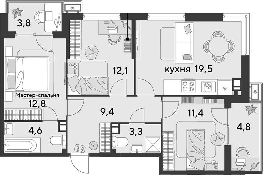 4+ комнаты, 73.1 м², 3/9 этаж, ЖК «Парк Победы»