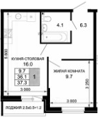 1-комн., 36.1 м², 2/16 этаж, ЖК «Дыхание»