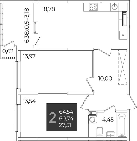 2-комн., 60.74 м², 14/21 этаж, ЖК «Образцово»
