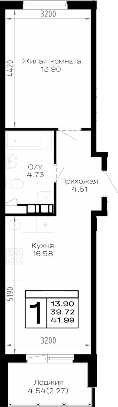 1-комн., 39.72 м², 4/4 этаж, ЖК «Усадьба Гостагаевская»