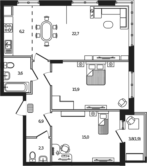 3-комн., 72.6 м², 2/9 этаж, ЖК «Сиреневый бульвар»