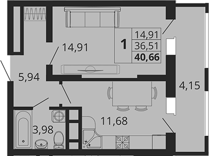 1-комн., 36.51 м², 14/18 этаж, ЖК «Родные Просторы»