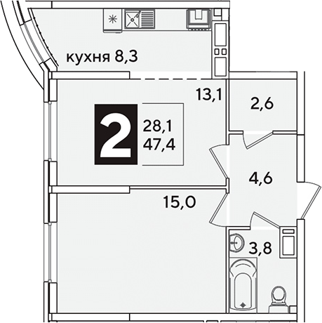 2-комн., 47.4 м², 10/16 этаж, ЖК «Самолет»