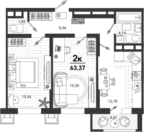 2-комн., 58.96 м², 7/18 этаж, ЖК «Родные Просторы»