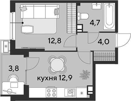 1-комн., 34.4 м², 4/18 этаж, ЖК «Парк Победы»