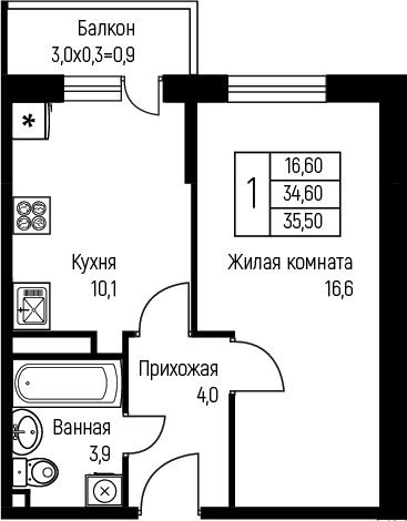 1-комн., 34.6 м², 2/3 этаж, ЖК «Nova Vita»