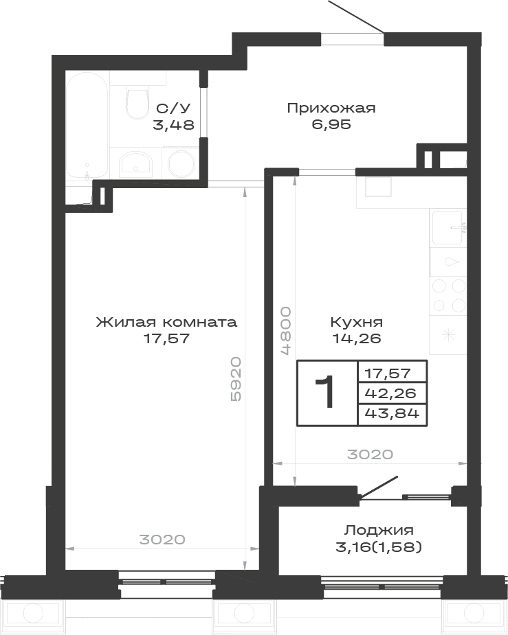 1-комн., 42.26 м², 2/9 этаж, ЖК «Суворов. ГК Во-первых»