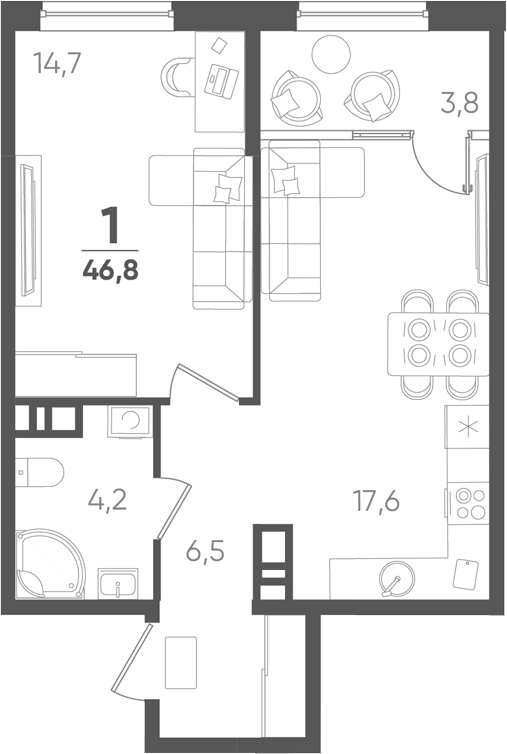 1-комн., 43 м², 6/9 этаж, ЖК «Барса»