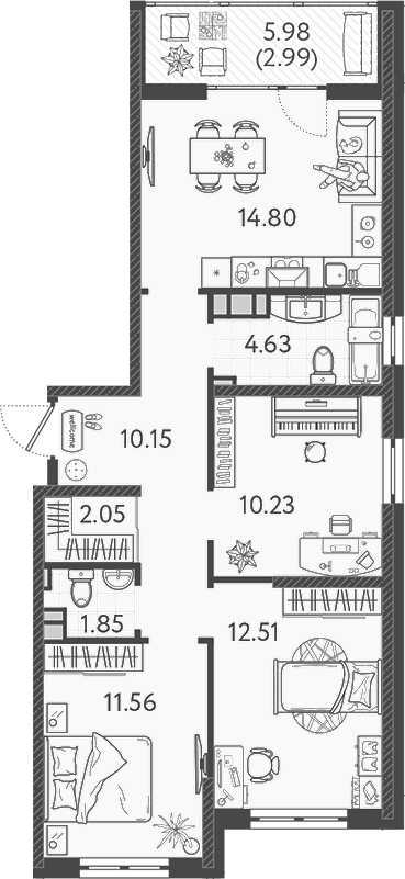 3-комн., 67.78 м², 2/9 этаж, ЖК «Друзья»