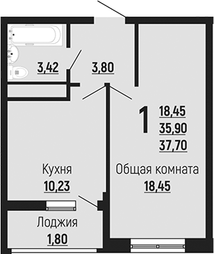 1-комн., 35.9 м², 24/24 этаж, ЖК «Славянка»