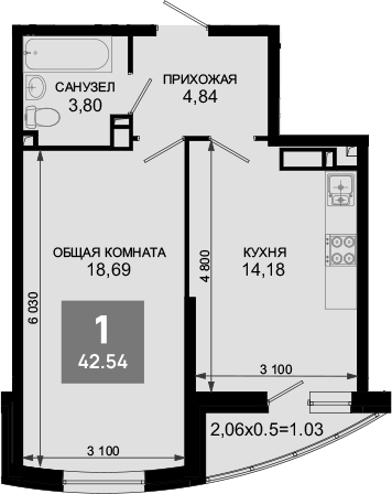 1-комн., 41.51 м², 4/19 этаж, ЖК «Лучший»
