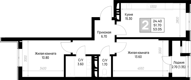 2-комн., 51.7 м², 7/9 этаж, ЖК «На высоком берегу»
