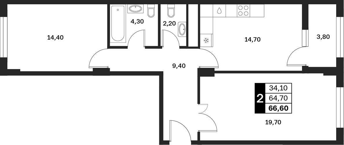 2-комн., 64.7 м², 1/9 этаж, ЖК «Аксис Патриот»