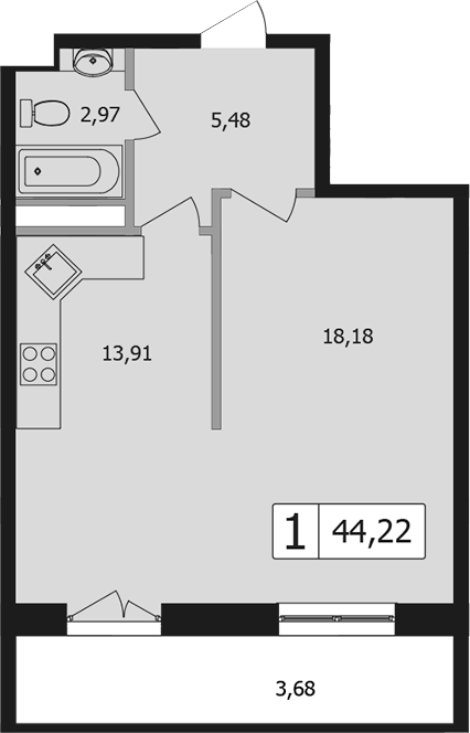 Продается 1-комн. квартира, 40.8 м²