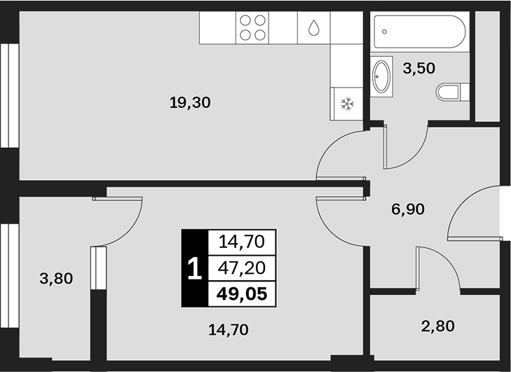 1-комн., 47.15 м², 10/13 этаж, ЖК «Аксис Патриот»