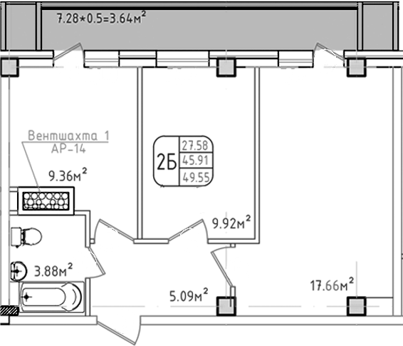 2-комн., 45.91 м², 1/8 этаж, ЖК «Моё»
