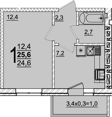 1-комн., 24.6 м², 1/5 этаж, ЖК «Дарград»