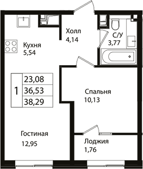 2-комн., 36.53 м², 4/18 этаж, ЖК «Патрики»