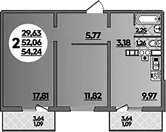 2-комн., 52.06 м², 1/5 этаж, ЖК «Тихорецк»