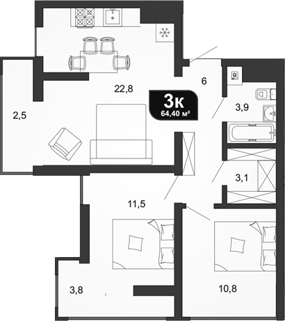 2-комн., 58.1 м², 18/19 этаж, ЖК «Сочи Парк»