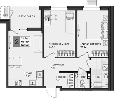 2-комн., 56.89 м², 7/8 этаж, ЖК «МОНО квартал»