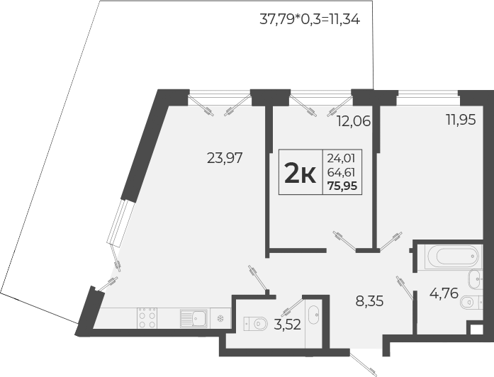 3-комн., 64.61 м², 1/14 этаж, ЖК «Высочество»