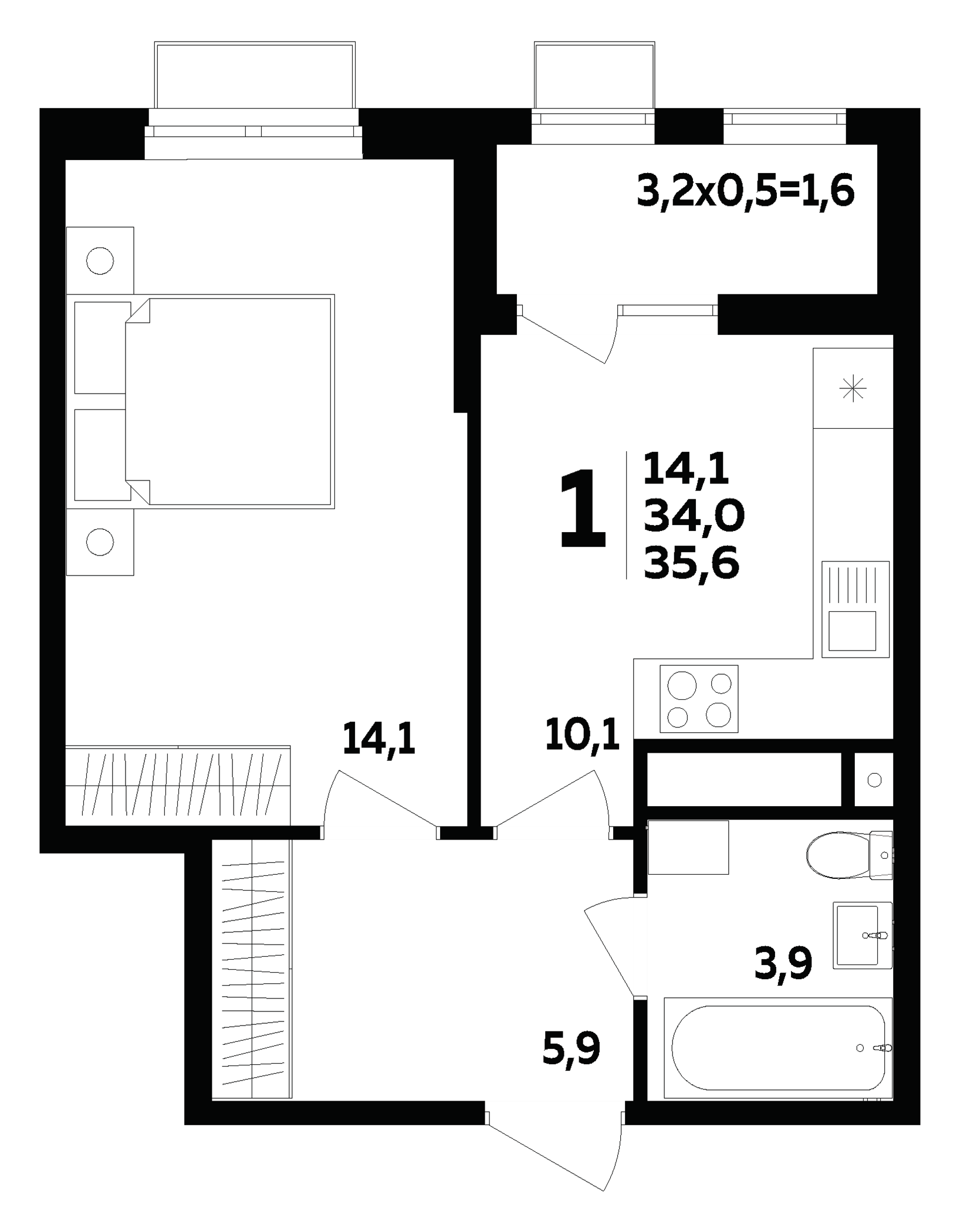 1-комн., 34 м², 2/16 этаж, ЖК «МегаСити»