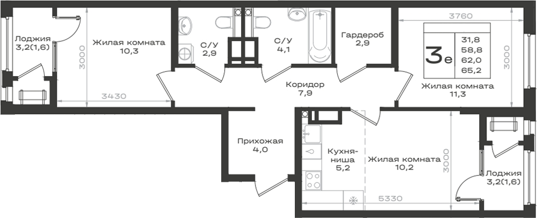 3-комн., 58.8 м², 8/14 этаж, ЖК «Нагория»