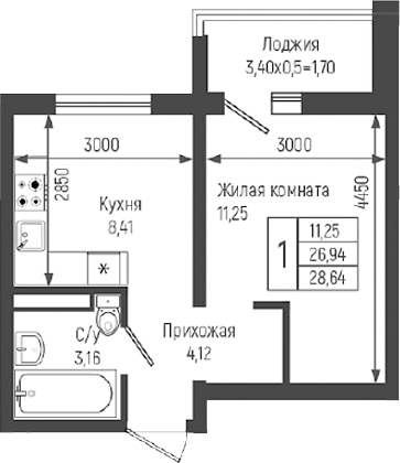 1-комн., 26.94 м², 6/9 этаж, ЖК «Ботаника Хиллс»