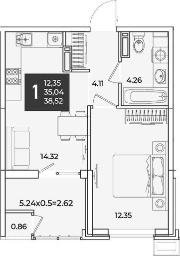 1-комн., 35.04 м², 15/18 этаж, ЖК «Образцово»
