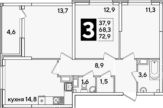 3-комн., 68.3 м², 11/16 этаж, ЖК «Самолет»