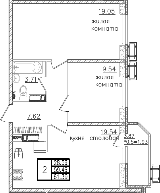 3-комн., 59.46 м², 16/23 этаж, ЖК «Урал»