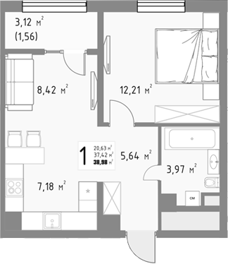 1-комн., 37.42 м², 6/9 этаж, ЖК «Коллекция»