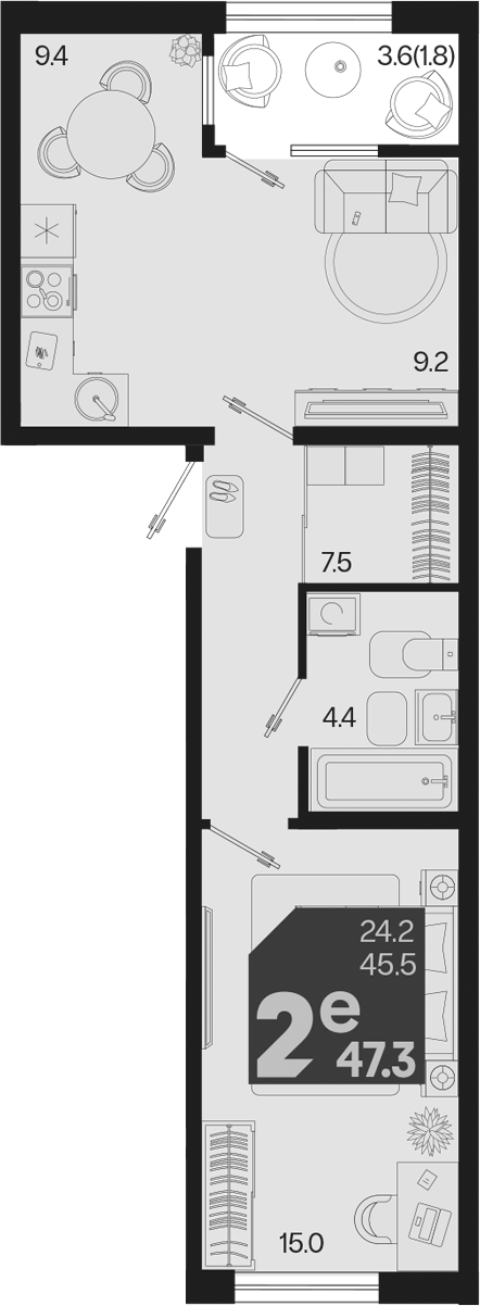 2-комн., 45.5 м², 2/9 этаж, ЖК «Первое место»
