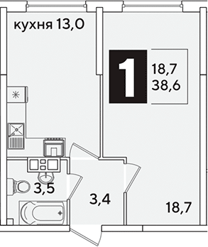 1-комн., 38.6 м², 9/16 этаж, ЖК «Самолет»